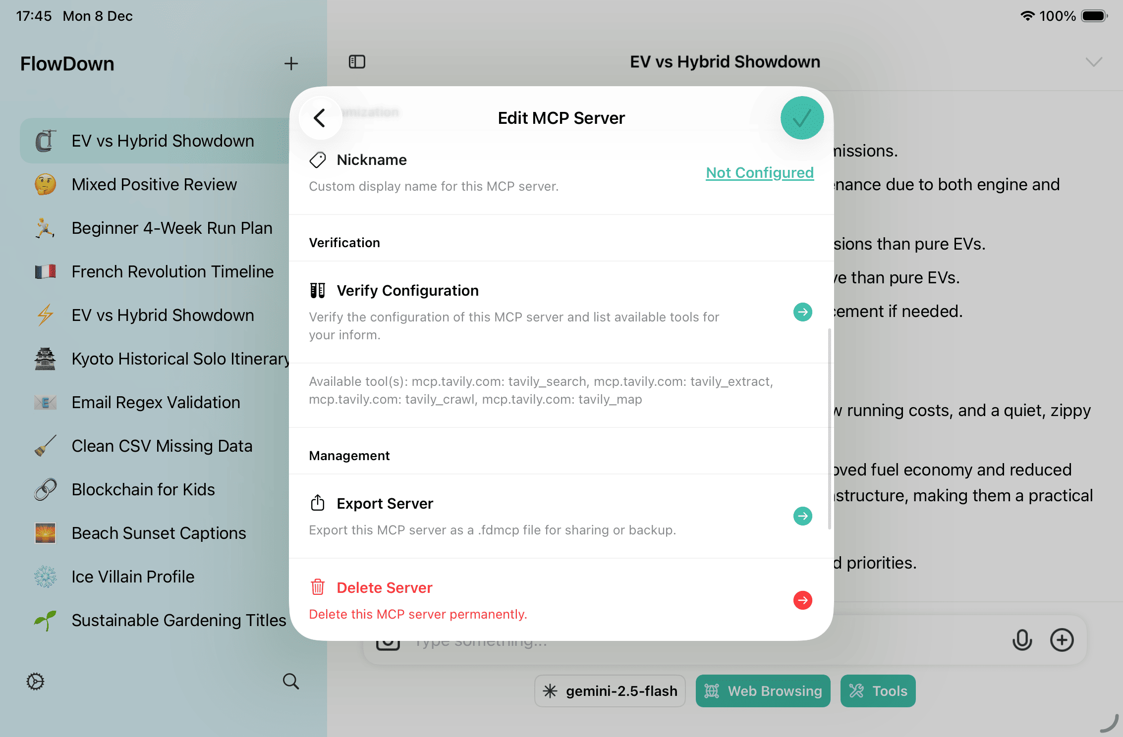 Server configuration modal